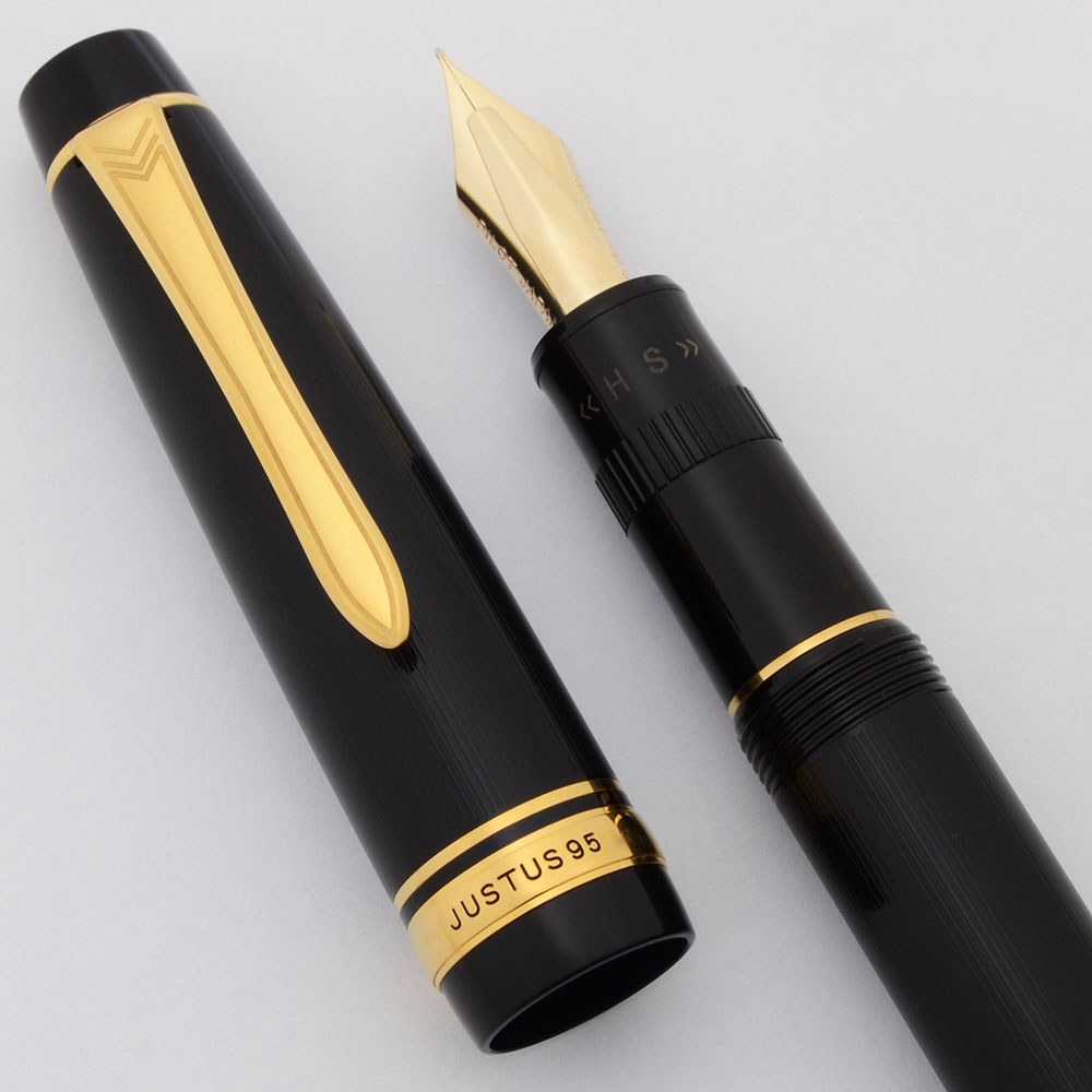 Pilot Justus 95 Fountain Pen - Black w/GT, C/C, 14k F-M Nib (Near